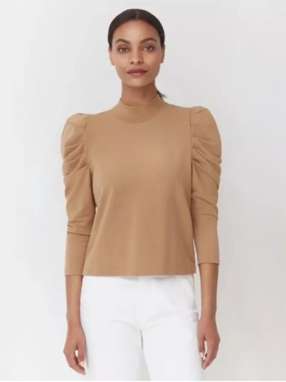Cuyana Camel High Neck Puff Sleeve French Terry Blouse size S Small